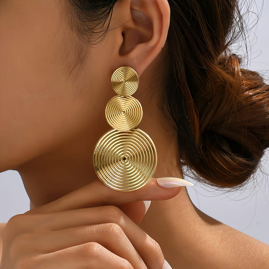 "Elegant Boho Chic Golden-Tone Geometric Dangle Earrings – Multi-Layer Spiral Design for Everyday & Party Wear."
