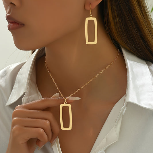"1 Set Simple Iron Jewelry – Geometric Hollow Rectangle Pendant Necklace & Earrings, Versatile Fashion Accessory for Women."