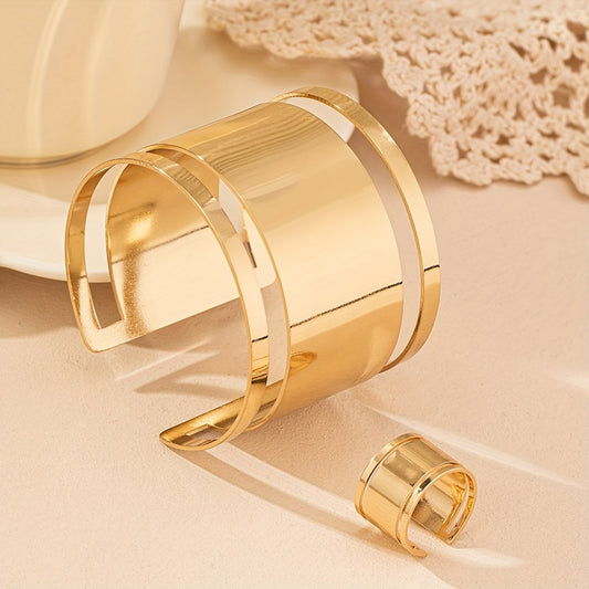 "Set of Two: Openwork Bangle & Cut-out Wide Ring, Retro Elegant Fashion"