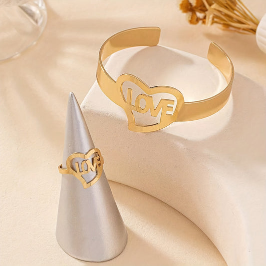 "Elegant Golden-Toned 'LOVE' Heart Bracelet & Ring Set for Women, Ideal for Daily Wear & Gifting"