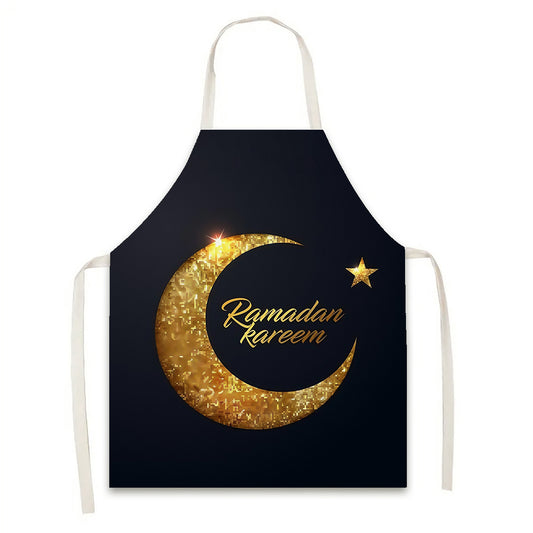 1pc Ramadan Kareem Golden Moon & Star Print Apron - Polyester, Festive Kitchen Apron for Eid Celebrations, Ideal for Dining Decor, Tablecloth, and Party Decorations, Festive Kitchen Accessory | Golden Moon Design | Durable Ap