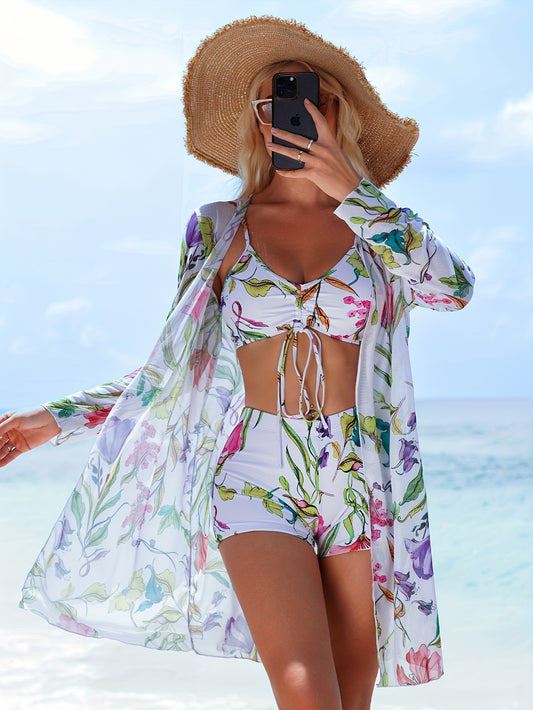 "3-Piece Geometric Print Bikini Set – V-Neck Boxer Shorts, Long Sleeve Cover Shirt, Women's Valentine's Day Swimwear."