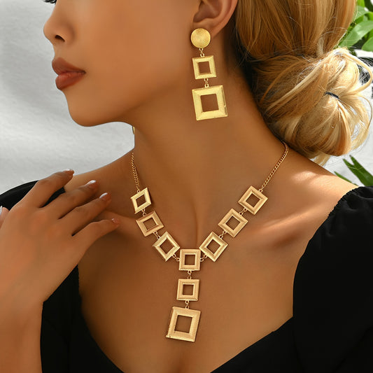 Women's Jewelry Set – Hollow Square Geometric Stud Earrings & Necklace, Zinc Alloy, Everyday Fashion Accessory."