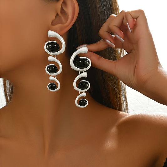 "1 Pair Fashionable 3-Spiral Earrings with Black Acrylic – Hanging Style, Arranged from Large to Small."