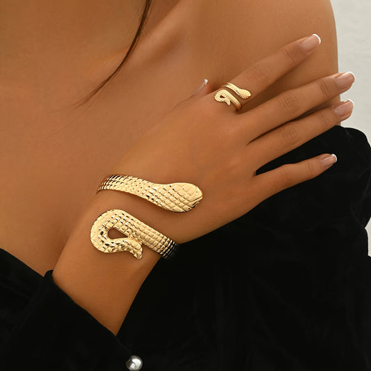 "2-Piece Golden Snake Design Jewelry Set, Textured Bangle & Ring for Everyday & Party Wear"