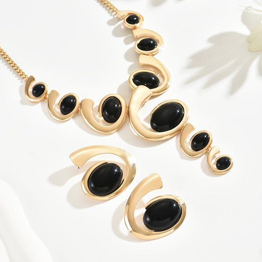 "Boho Classic 2pcs Women’s Jewelry Set – Spiral Snail Shape with Black Rhinestone, Y-Necklace & Earrings, Alloy, Daily & Party Wear."