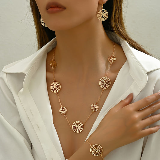 "3pcs Vintage Zinc Alloy Jewelry Set – Spider Web Hollow Design Necklace, Bracelet, & Earrings for Daily & Vacation Wear."