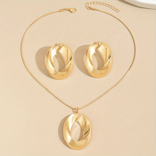 "1 Pair Dangle Earrings & 1 Necklace with Twisted Hollow Oval Design – Zinc Alloy Vintage Jewelry Set for Women."