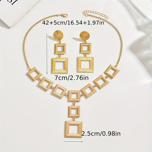 Women's Jewelry Set – Hollow Square Geometric Stud Earrings & Necklace, Zinc Alloy, Everyday Fashion Accessory."