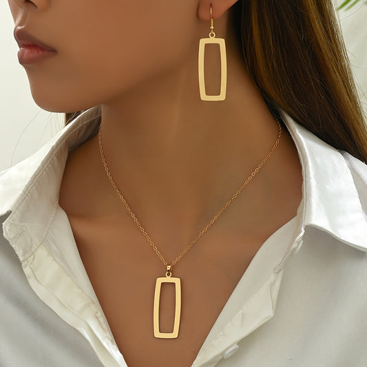 "1 Set Simple Iron Jewelry – Geometric Hollow Rectangle Pendant Necklace & Earrings, Versatile Fashion Accessory for Women."