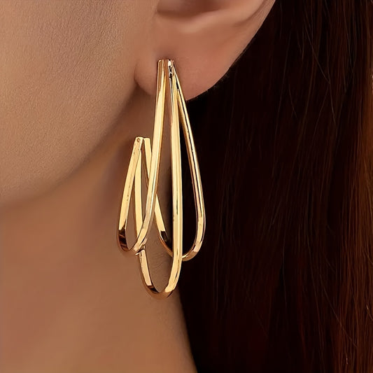 Elegant Simple Triple Line Hoop Earrings for Women, 14K Gold-Plated Iron, Daily Wear Accessory