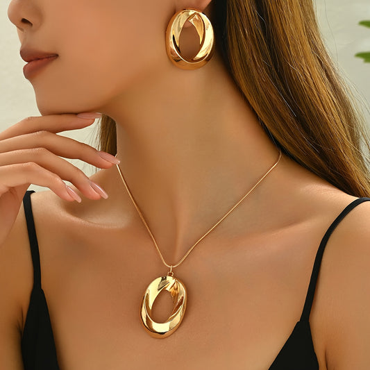 "1 Pair Dangle Earrings & 1 Necklace with Twisted Hollow Oval Design – Zinc Alloy Vintage Jewelry Set for Women."