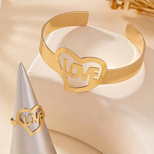 "Elegant Golden-Toned 'LOVE' Heart Bracelet & Ring Set for Women, Ideal for Daily Wear & Gifting"
