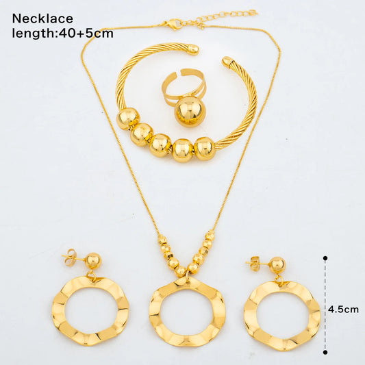 "Arabic Dubai Women's Jewelry Set – Bead Earrings, Necklace, Gold Bracelet, Ring, Wedding Gift."