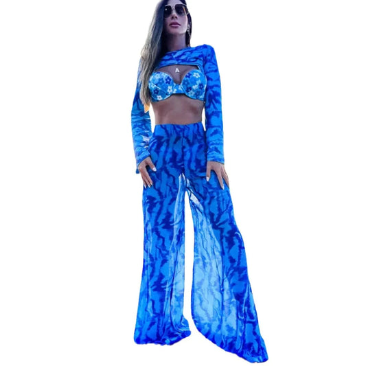 "2025 Blue Sexy Bikini Set with Long Sleeves, Mesh Swimwear for Women"