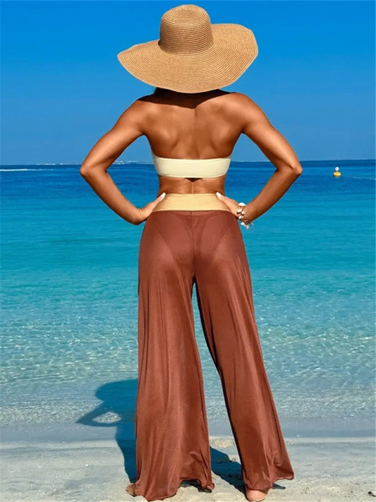 "2025 New 3 Piece Bikini Set for Women, Mesh Pants, Bandeau, Low Waist Swimwear, Bathing Suit"