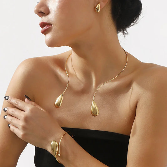 "Creative Minimalist Water-Drop Shaped Jewelry Set: Necklace, Bracelet & Earrings