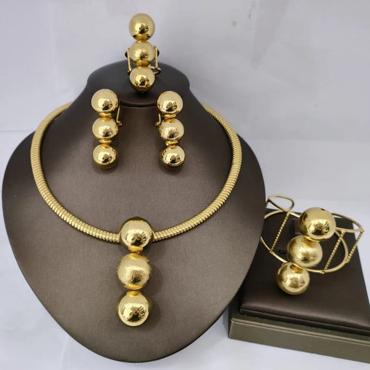 "Dubai Gold Color Beads Earrings & Pendant Jewelry Set for Women – Ethiopia Bridal Necklace, Bangle, Ring, Party Christmas Gift."
