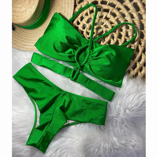"2025 New Braided Rope Solid Brazilian Bikini Set, Sexy Swimwear for Women"
