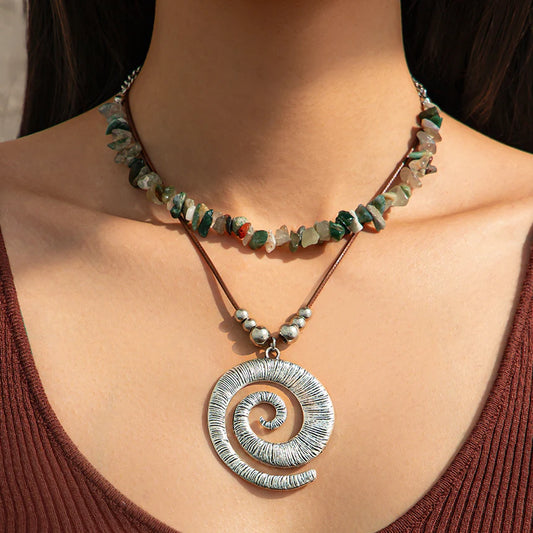 Boho Stone Chain Necklace Set for Women - Spiral Conch Pendant Y2K Choker