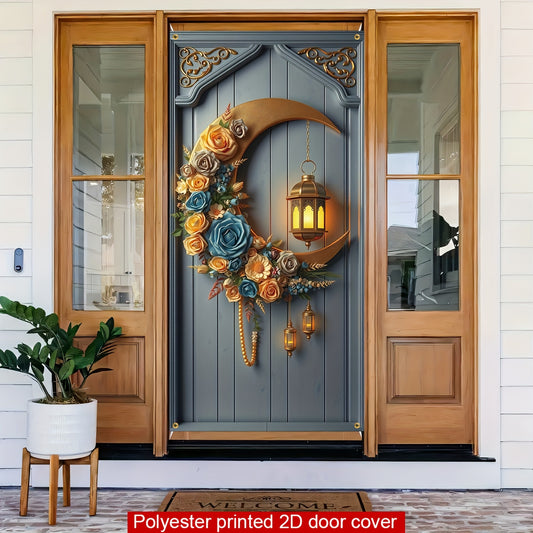 2D Door Banner 1pc, Ramadan Moon Wreath Door Cover, Islamic Eid Al-Fitr Banner, 2D Polyester Home & Kitchen Decor, Durable Entryway Curtain Flag, Wall Window Hanging, Indoor/Outdoor Use, 179.83x89.92 cm, No Electricity Needed