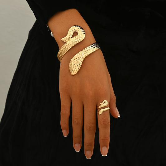 "2-Piece Golden Snake Design Jewelry Set, Textured Bangle & Ring for Everyday & Party Wear"