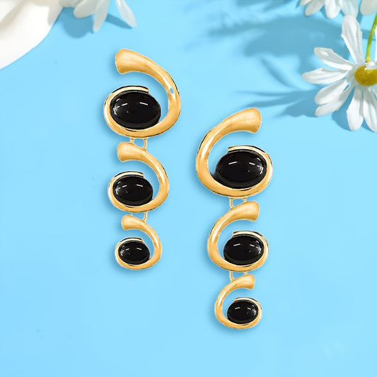 "1 Pair Fashionable 3-Spiral Earrings with Black Acrylic – Hanging Style, Arranged from Large to Small."