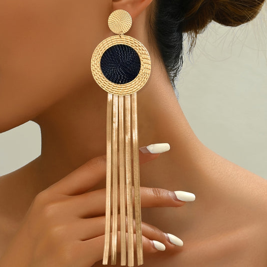 "1 Pair Chic Vintage-Inspired Geometric Tassel Earrings – Golden & Navy Blue, Stainless Steel Posts, All-Year Statement Piece."