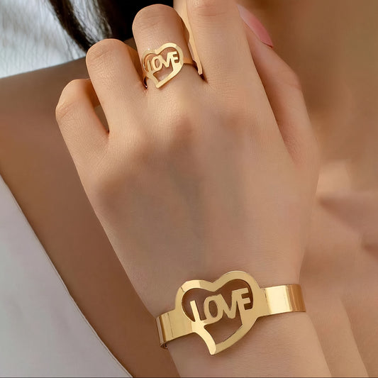 "Elegant Golden-Toned 'LOVE' Heart Bracelet & Ring Set for Women, Ideal for Daily Wear & Gifting"