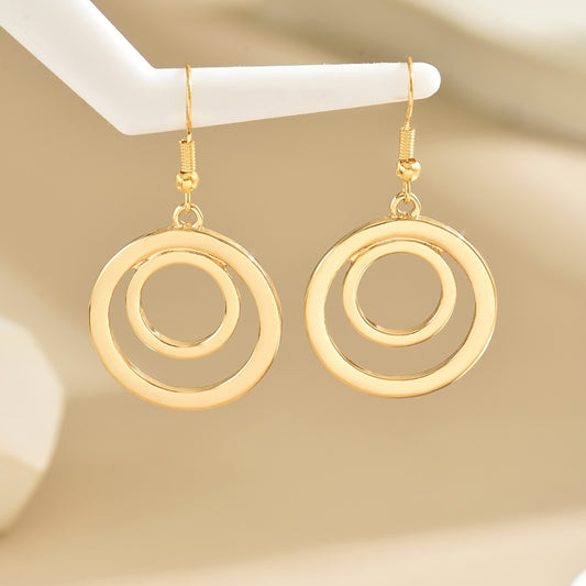 "Elegant Golden-Tone Circle Dangle Earrings – Zinc Alloy with Iron Posts, Perfect for Everyday & Vacation Wear."