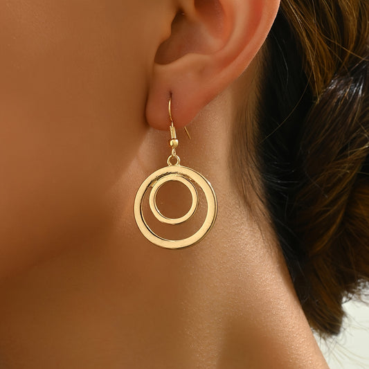 "Elegant Golden-Tone Circle Dangle Earrings – Zinc Alloy with Iron Posts, Perfect for Everyday & Vacation Wear."