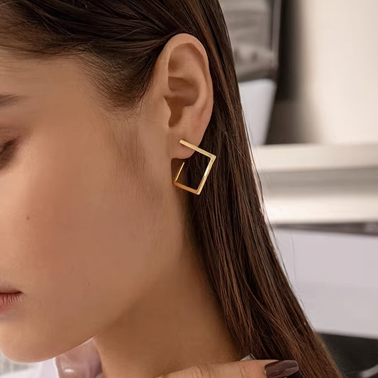 "Elegant 18K Golden Plated Geometric Square Stud Earrings – Iron Material, Simple Design for Daily & Party Wear, All-Season Versatile Jewelry."