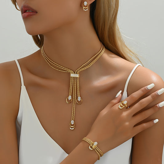 "Elegant 5-Piece Rhinestone Tassel Jewelry Set – Necklace, Earrings, and Ring for Women, Zinc Alloy, Simple Vacation Style."
