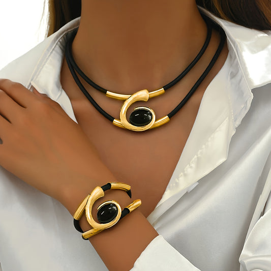 "Bohemian Style Spiral Inlaid Black Acrylic Gemstone Necklace & Bracelet Set"