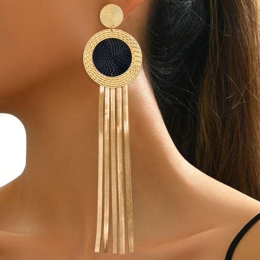 "1 Pair Chic Vintage-Inspired Geometric Tassel Earrings – Golden & Navy Blue, Stainless Steel Posts, All-Year Statement Piece."