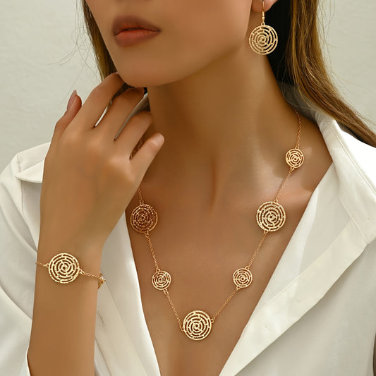 "3pcs Vintage Zinc Alloy Jewelry Set – Spider Web Hollow Design Necklace, Bracelet, & Earrings for Daily & Vacation Wear."