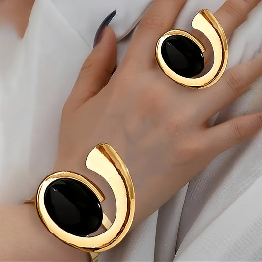 "Elegant Vintage Faux Pearl Inlay Bracelet & Ring Set, All-Season Accessory"
