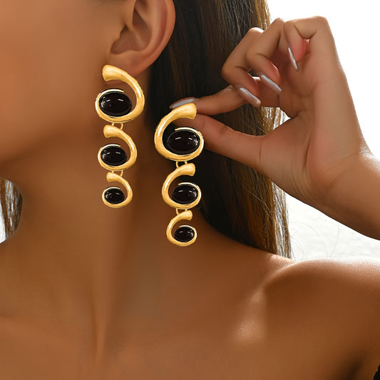 "1 Pair Fashionable 3-Spiral Earrings with Black Acrylic – Hanging Style, Arranged from Large to Small."