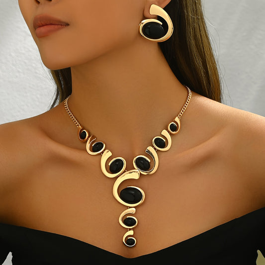 "Boho Classic 2pcs Women’s Jewelry Set – Spiral Snail Shape with Black Rhinestone, Y-Necklace & Earrings, Alloy, Daily & Party Wear."