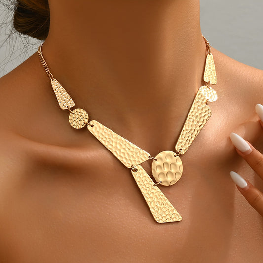 Vintage Golden Geometric Statement Necklace for Women - Hammered Metal Design with Circular & Rectangular Pendants
