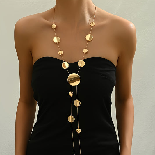 "1pc Elegant Geometric CCB Round Disc Y-Shape Necklace for Women – Fashionable Sweater Chain for Daily & Party Wear."