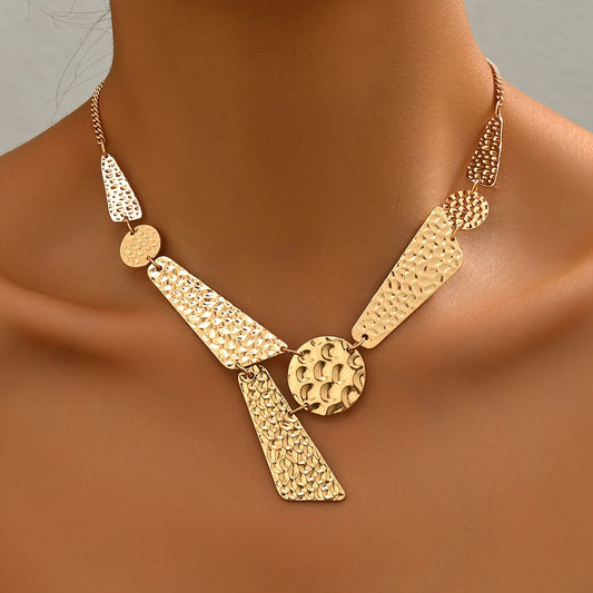 Vintage Golden Geometric Statement Necklace for Women - Hammered Metal Design with Circular & Rectangular Pendants