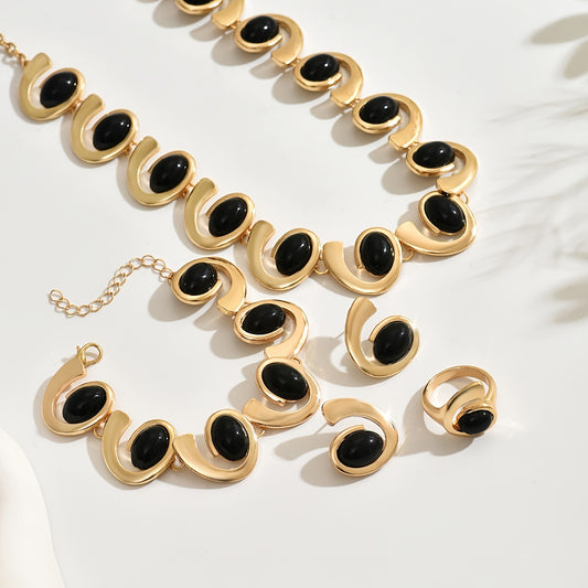 "Set of 5 Fashionable Black Acrylic Geometric Spiral Snail Jewelry – Necklace, Bracelet, Earrings, Ring, for Daily Wear & Parties."