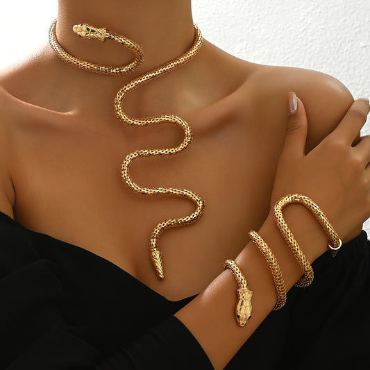 "Elegant 2pcs Snake Wrap Bracelet & Necklace Set – Adjustable All-Season Fashion Jewelry for Women,