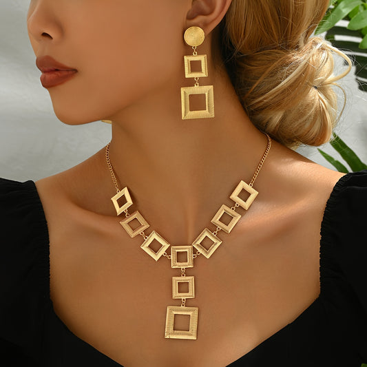 Women's Jewelry Set – Hollow Square Geometric Stud Earrings & Necklace, Zinc Alloy, Everyday Fashion Accessory."