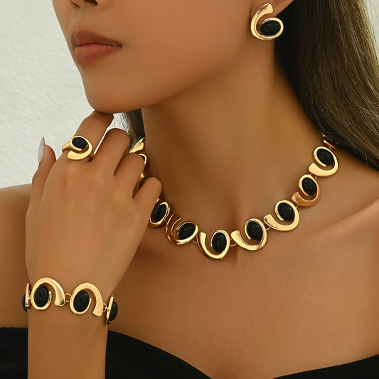 "Set of 5 Fashionable Black Acrylic Geometric Spiral Snail Jewelry – Necklace, Bracelet, Earrings, Ring, for Daily Wear & Parties."