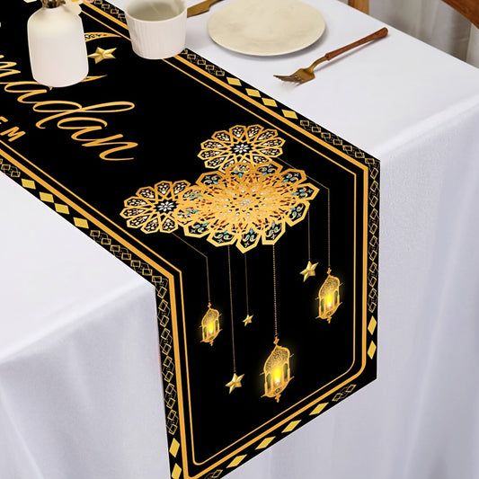 Elegant Ramadan Kareem Table Runner - 35.56cm x 177.8cm, Black & Golden with Moon, Stars, and Lanterns Design, Polyester, Perfect for Eid Al-Fitr & Islamic Celebrations