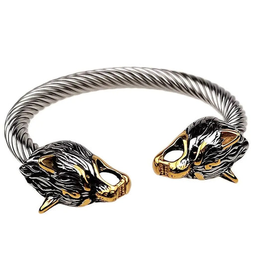 Men's Viking Wolf Bracelet – Stainless steel with a gold mix, featuring a bold wolf design. Perfect for bikers and Viking fans.