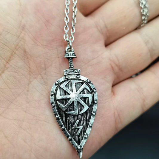 Viking Shield Rune Pendant Necklace with Sword, Axe, and Slavic Amulet Design