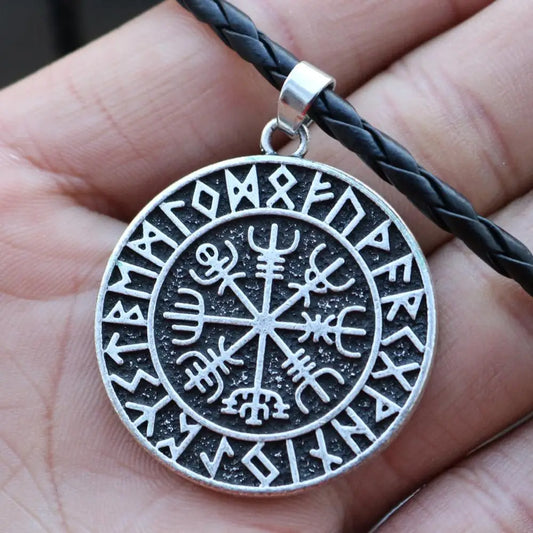 Viking Odin Rune Necklace – Norse Vegvisir compass pendant with runic symbols, perfect for men and women. Bold Viking jewelry.